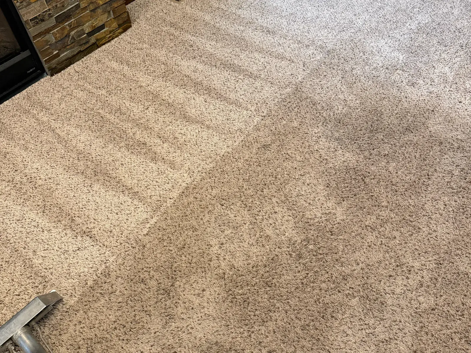 Carpet with a cleaning boundary running corner to corner, a stone fireplace behind it.