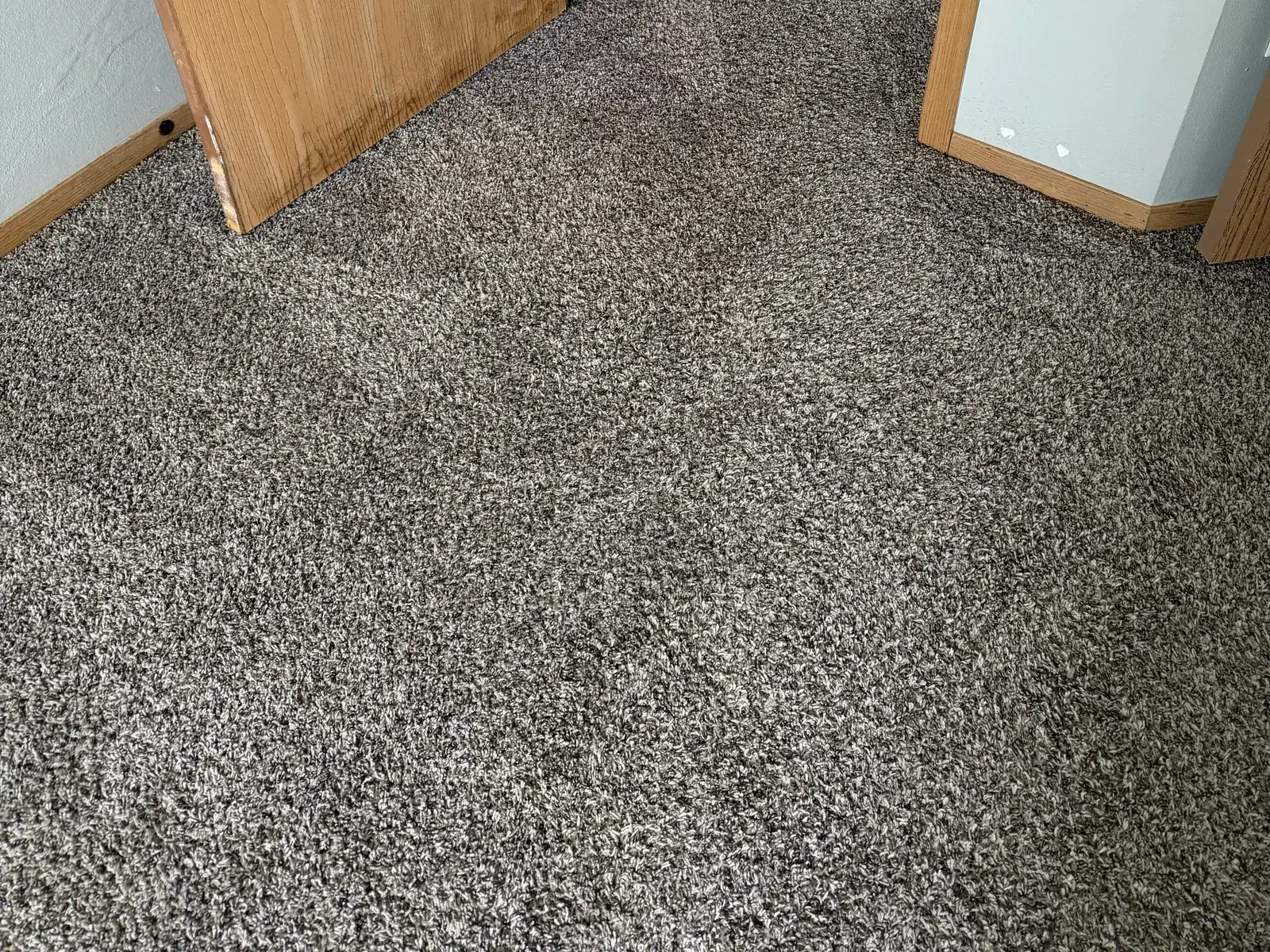 The same bedroom doorway after cleaning, the grey and cream flecks of the fiber visible again.